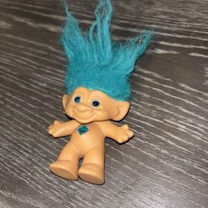Vintage ACE Novelty Treasure Troll Doll Blue Heart Wishstone Belly Gem Blue Hair